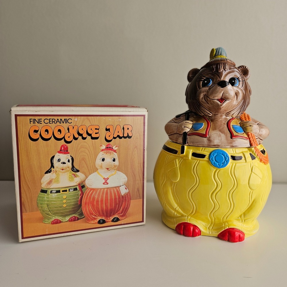 Vintage 1960s Ceramic Bear Miner Hiker 2 Piece Cookie Jar Made in Japan NEW
